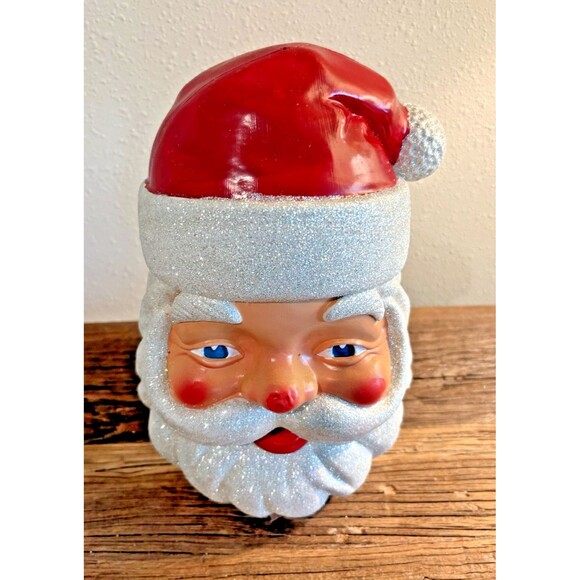 Vintage Blow Mold Christmas Santa Claus Head Glitter Used Nose Not Perfect - Picture 3 of 15